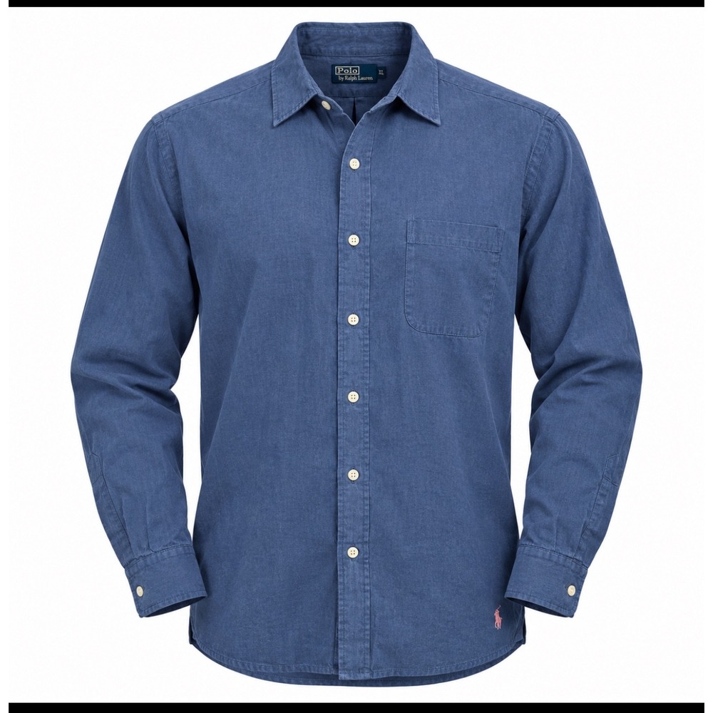 Polo Ralph Lauren Linen Silk Blend Shirt Men L Blue Long Sleeve Button Down Camp